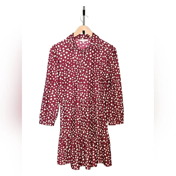 Jude Connally Burgundy Cream Long Sleeve Tiered Mini Dress Sz Small - Picture 2 of 6